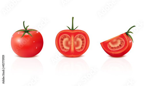 Fresh tomato. Whole and half cut tomatoes isolated on white background. Vegetable, Vegetarian, vegan Healthy organic food. Realistic 3D Vector illustration. 