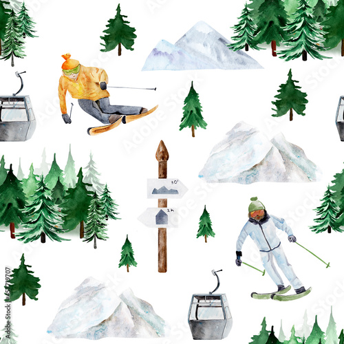 People skiing watercolor seamless pattern. Template for decorating designs and illustrations.