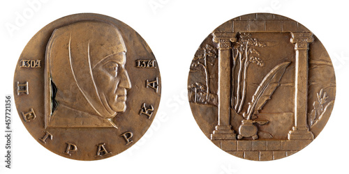 Jubilee medal large desktop medallion famous Italian poet Francesco Petrarca 1304 - 1374 close-up illustrative editorial photo