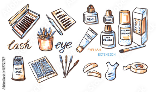 Set felt pen Eyelash extension multicilored tool Element in the style of line art beauty theme on a white background. Doodle and scribble blue and brown eye lash lettering, fake lashes in box, remover