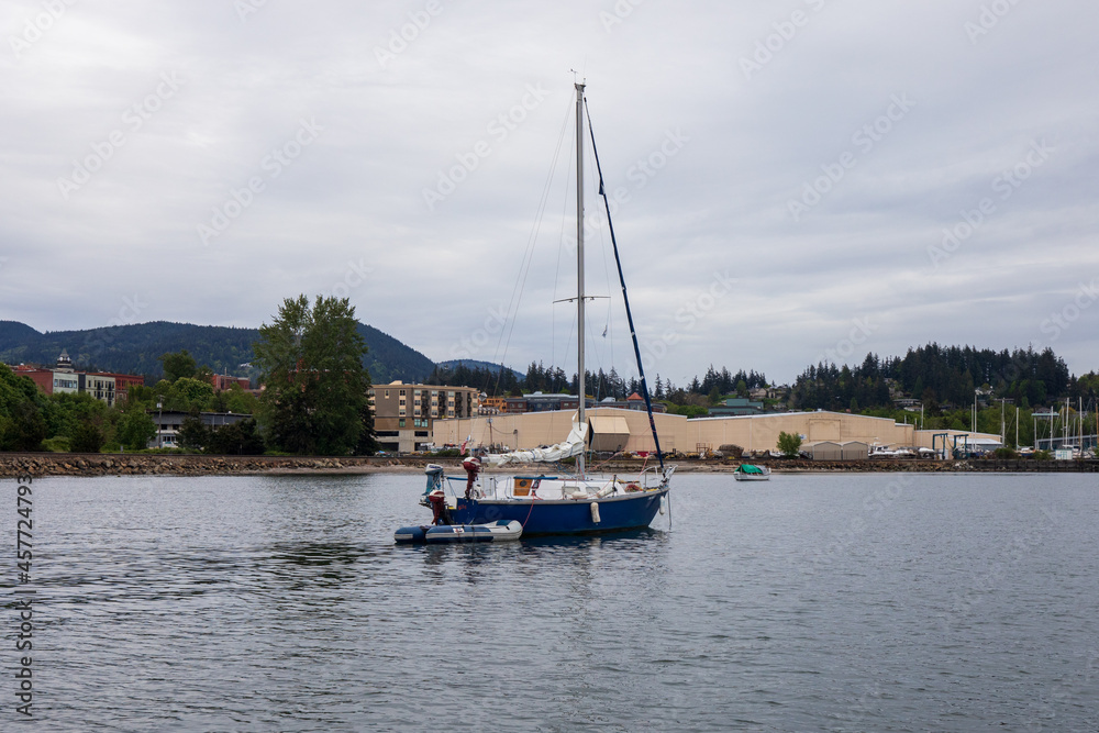 Bellingham, Washington, USA - May 7 2021: sailing at Fairhaven Bellingham pier. Bellingham, Washington, USA - May 7 2021: sailing at Fairhaven Bellingham pier.