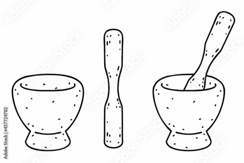 Korean traditional large stone mortar. Vector line art illustrations set.