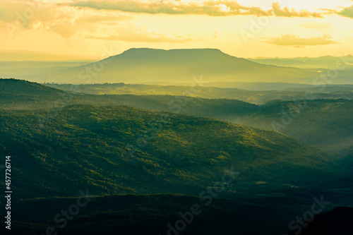 The big mountain with the mountain ridges with sun light at Phu Kra Dueng National park of Thailand