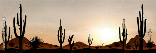 Mexico desert sunset 3. Sunset in the Mexican desert. Silhouettes of stones, cacti and plants. Desert landscape with cacti. The stony desert
