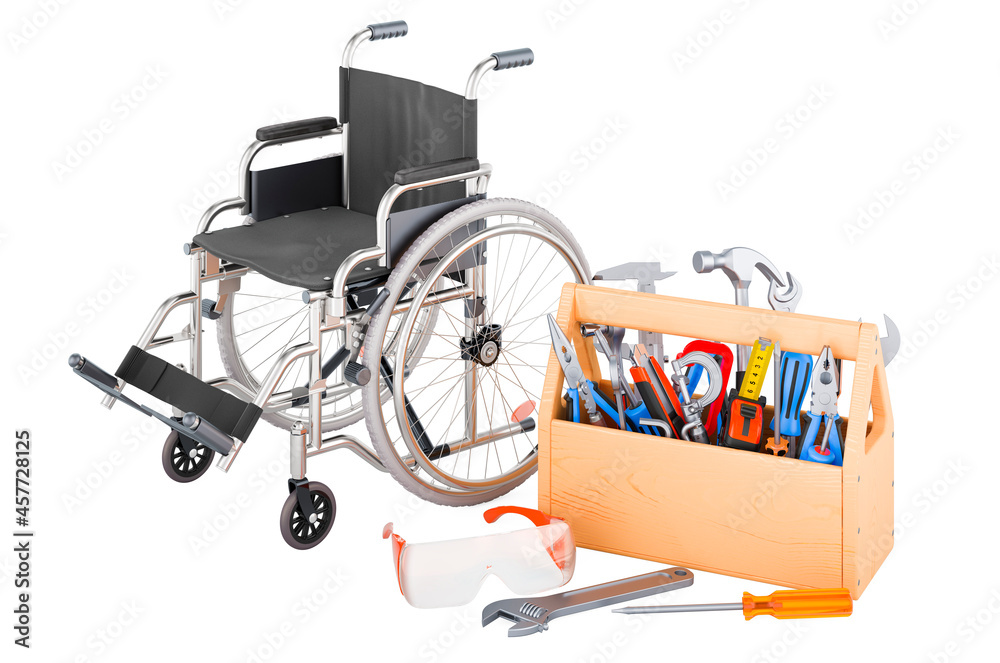 Manual wheelchair with toolbox. Service and repair of manual wheelchair, 3D rendering Manual wheelchair with toolbox. Service and repair of manual wheelchair, 3D rendering