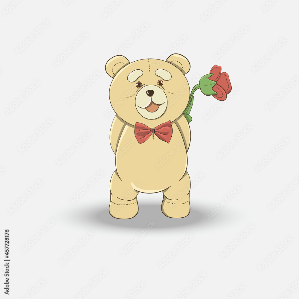 Obraz premium Shy teddy bear carrying red roses on a white background. Wearing a red bow tie