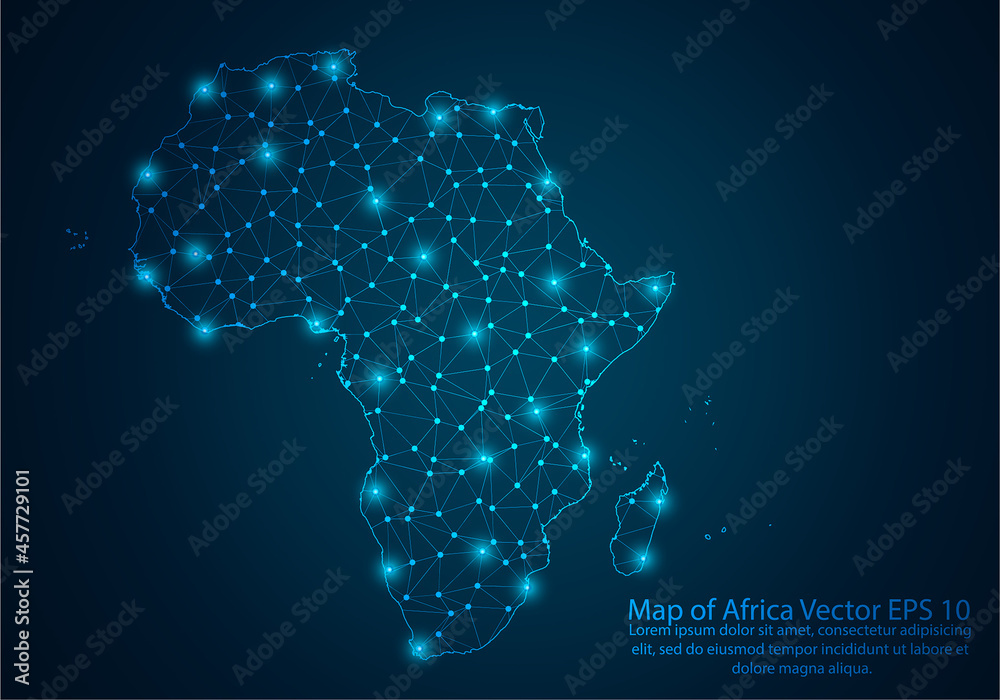 Abstract mash line and point scales on dark background with map of Africa.3D mesh polygonal network line, design sphere, dot and structure. Vector illustration eps 10.