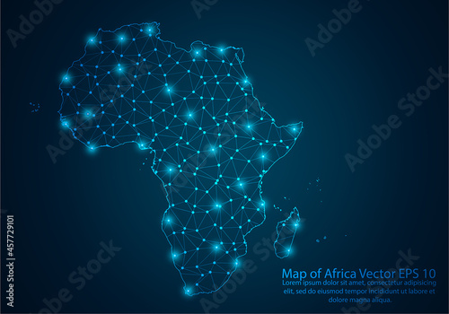 Abstract mash line and point scales on dark background with map of Africa.3D mesh polygonal network line, design sphere, dot and structure. Vector illustration eps 10.