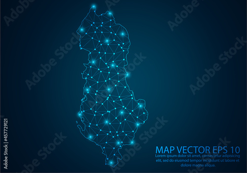 Abstract mash line and point scales on dark background with map of Albania.3D mesh polygonal network line, design sphere, dot and structure. Vector illustration eps 10.