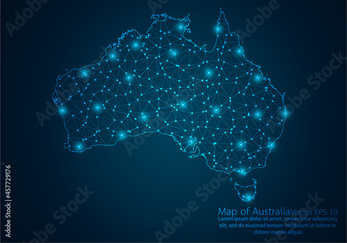 Abstract mash line and point scales on dark background with map of Australia.3D mesh polygonal network line, design sphere, dot and structure. Vector illustration eps 10.