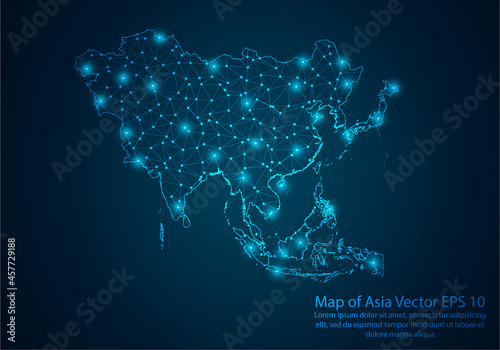 Abstract mash line and point scales on dark background with map of Asia.3D mesh polygonal network line, design sphere, dot and structure. Vector illustration eps 10.