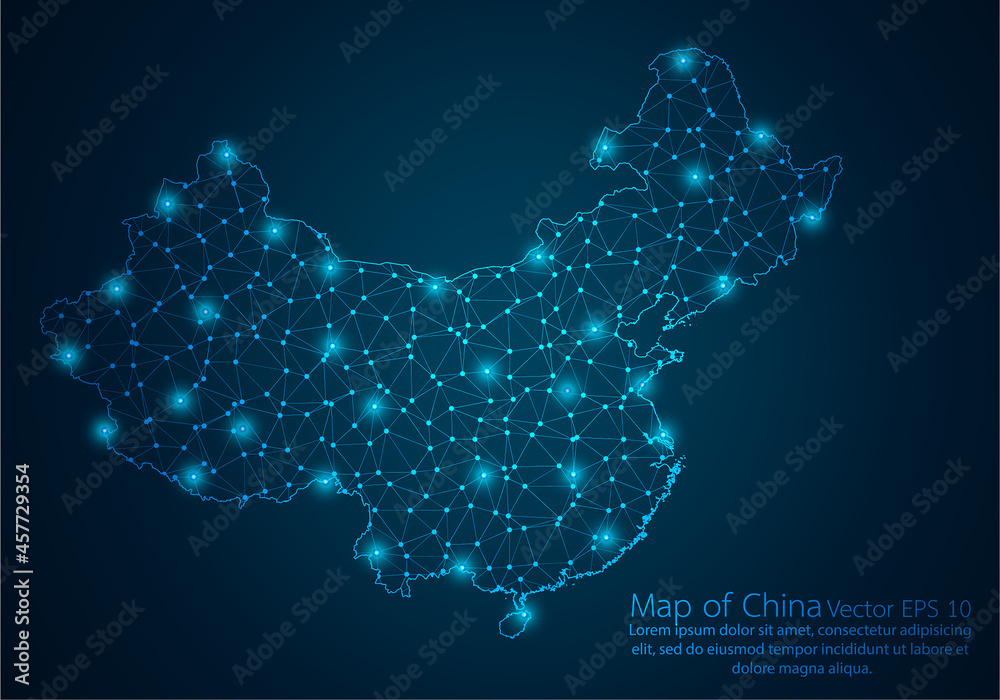 Abstract mash line and point scales on dark background with map of China.3D mesh polygonal network line, design sphere, dot and structure. Vector illustration eps 10.