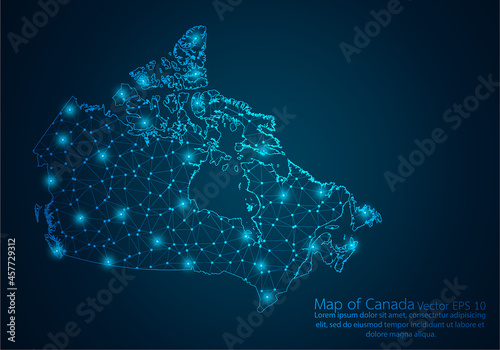 Abstract mash line and point scales on dark background with map of Canada.3D mesh polygonal network line, design sphere, dot and structure. Vector illustration eps 10.