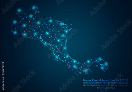 Abstract mash line and point scales on dark background with map of Central America.3D mesh polygonal network line, design sphere, dot and structure. Vector illustration eps 10.