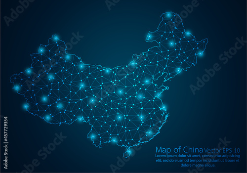 Abstract mash line and point scales on dark background with map of China.3D mesh polygonal network line, design sphere, dot and structure. Vector illustration eps 10.