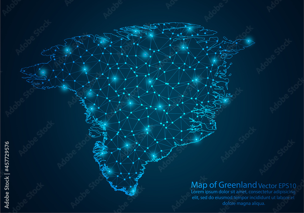 Abstract mash line and point scales on dark background with map of Greenland.3D mesh polygonal network line, design sphere, dot and structure. Vector illustration eps 10.