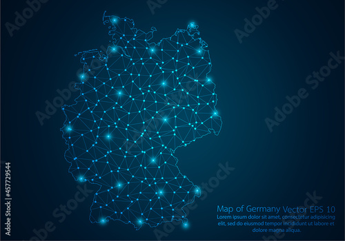 Abstract mash line and point scales on dark background with map of Germany.3D mesh polygonal network line, design sphere, dot and structure. Vector illustration eps 10.