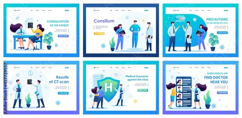 Collection of landing pages. Work of medical personnel during the epidemic, patient care, reception of patients, patient care. 2D characters