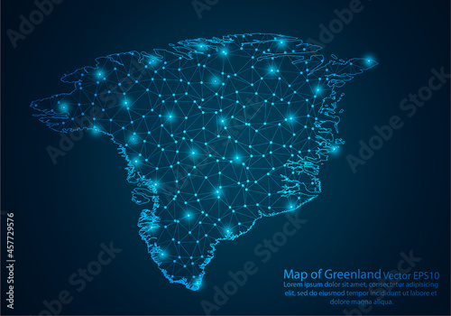 Abstract mash line and point scales on dark background with map of Greenland.3D mesh polygonal network line, design sphere, dot and structure. Vector illustration eps 10.