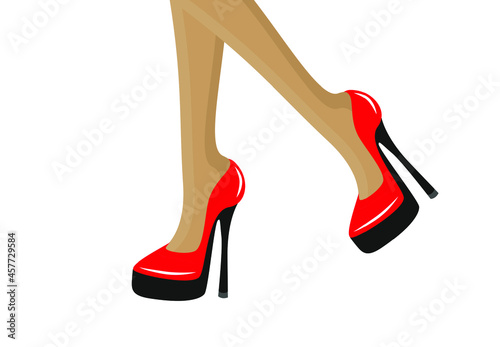 Beautiful girl's long slim sexy legs with high heeled red shoes walking. Vector fashion illustration.