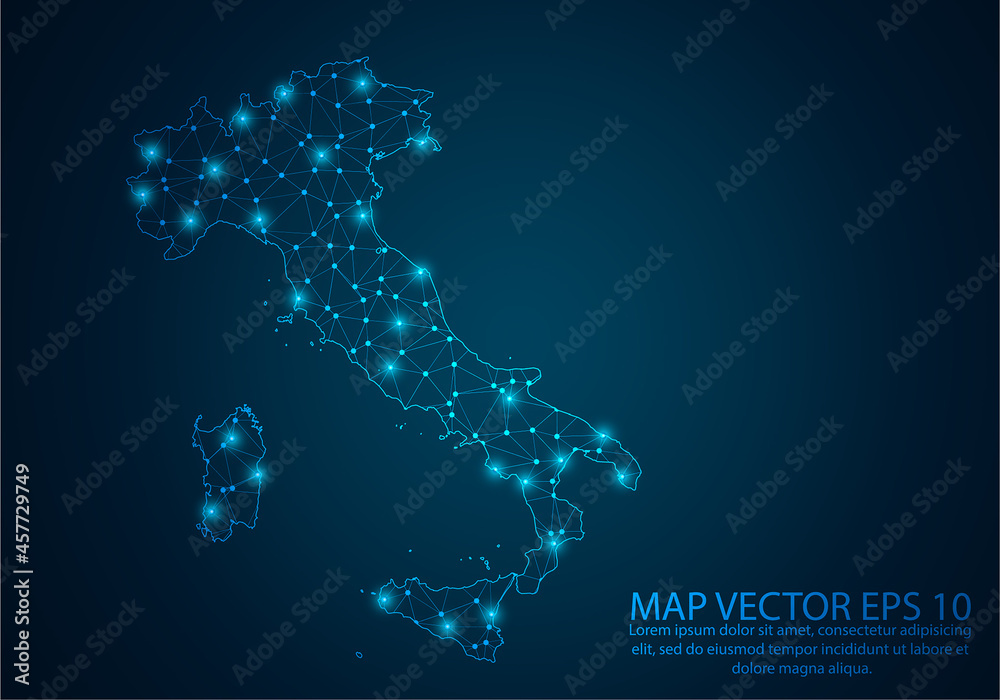 Abstract mash line and point scales on dark background with map of Italy.3D mesh polygonal network line, design sphere, dot and structure. Vector illustration eps 10.