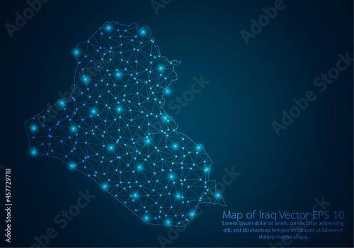 Abstract mash line and point scales on dark background with map of Iraq.3D mesh polygonal network line, design sphere, dot and structure. Vector illustration eps 10.