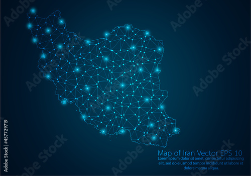 Abstract mash line and point scales on dark background with map of Iran.3D mesh polygonal network line, design sphere, dot and structure. Vector illustration eps 10.