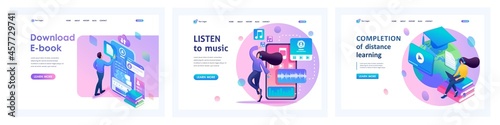 Collection of landing pages. Girls and boys learn online, relax and listen to music. Isometric characters