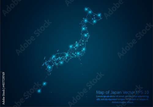 Abstract mash line and point scales on dark background with map of Japan.3D mesh polygonal network line, design sphere, dot and structure. Vector illustration eps 10.