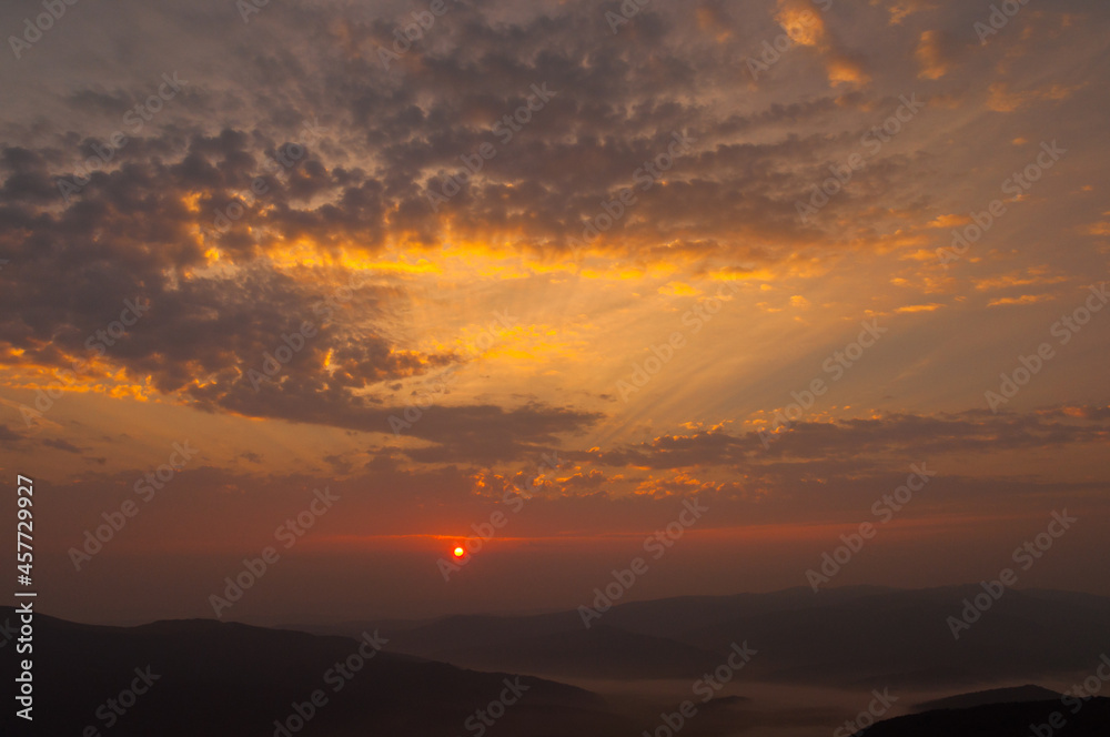 A holiday sunrise viewed from the top of Wielka Rawka, the Bieszczady Mountains