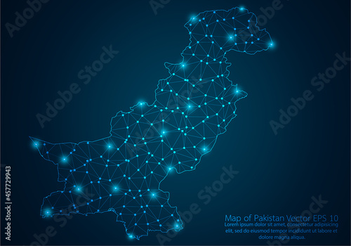 Abstract mash line and point scales on dark background with map of Pakistan.3D mesh polygonal network line, design sphere, dot and structure. Vector illustration eps 10.