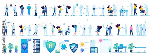 Large set of people. Medical staff and patients, doctors in protective suits. Elements for creating vector illustrations. 2D Characters