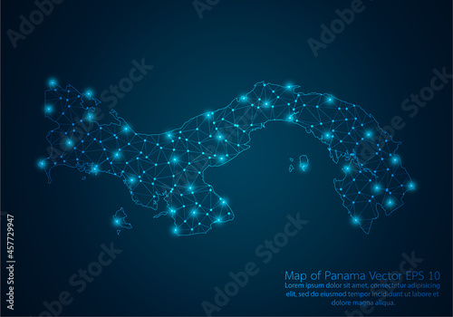Abstract mash line and point scales on dark background with map of Panama.3D mesh polygonal network line, design sphere, dot and structure. Vector illustration eps 10.
