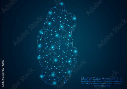 Abstract mash line and point scales on dark background with map of Qatar.3D mesh polygonal network line, design sphere, dot and structure. Vector illustration eps 10.