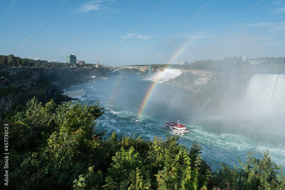 View at Niagara Falls on a sunny day with the rainbow in Ontario Canada