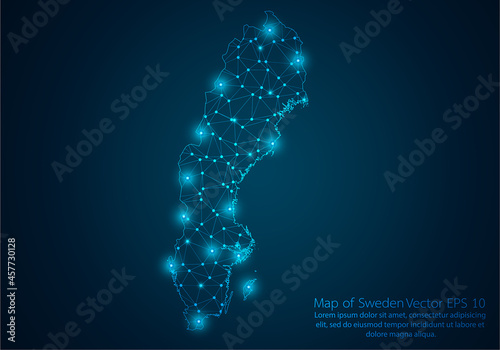 Abstract mash line and point scales on dark background with map of Sweden.3D mesh polygonal network line, design sphere, dot and structure. Vector illustration eps 10.