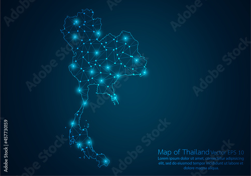 Abstract mash line and point scales on dark background with map of Thailand.3D mesh polygonal network line, design sphere, dot and structure. Vector illustration eps 10.