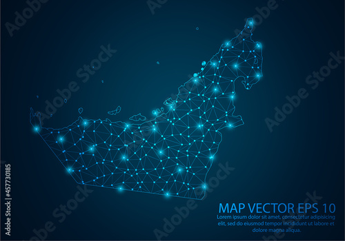 Abstract mash line and point scales on dark background with map of United Arab Emirates.3D mesh polygonal network line, design sphere, dot and structure. Vector illustration eps 10.