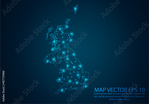 Abstract mash line and point scales on dark background with map of United Kingdom.3D mesh polygonal network line, design sphere, dot and structure. Vector illustration eps 10.