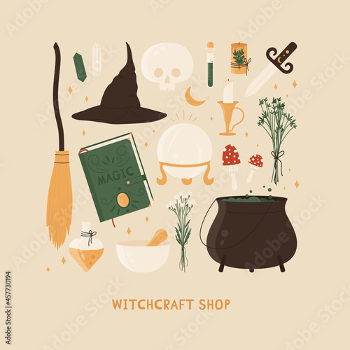 Witchcraft set. Magical occult elements for magic shop for witches concept. Esoteric and mystic symbols. Vector illustration in cartoon style. Isolated on white background.