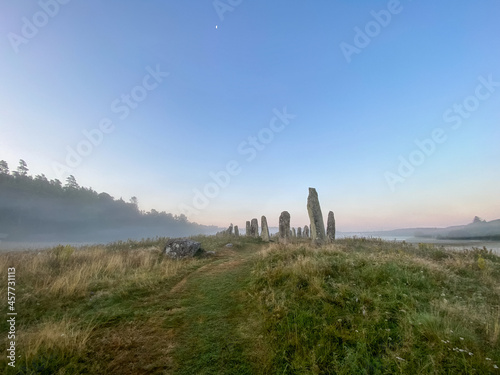 Stenskeppet in Sweden in the morning with fog and the moon - Architecture Photography