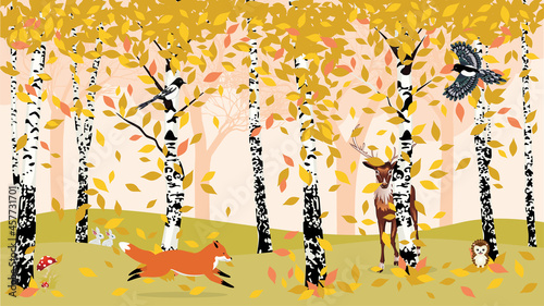 Autumn birch trees and animals