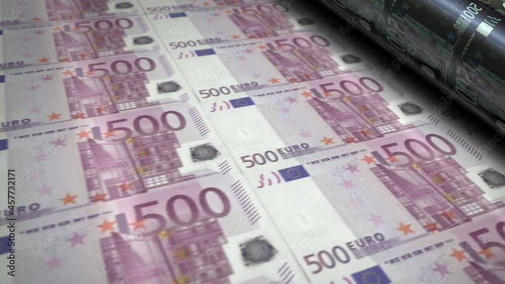 Euro money banknotes printing roll machine. Paper EUR bank note print 3d looping seamless. Abstract concept of banking, debt, income, finance, EU economy and crisis in Europe. Euro money banknotes printing roll machine. Paper EUR bank note print 3d looping seamless. Abstract concept of banking, debt, income, finance, EU economy and crisis in Europe.
