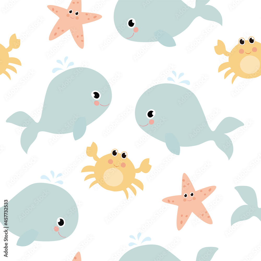 Seamless childish pattern with cute whale, adorable crab and starfish. Vector illustration on white background. Seamless childish pattern with cute whale, adorable crab and starfish. Vector illustration on white background.