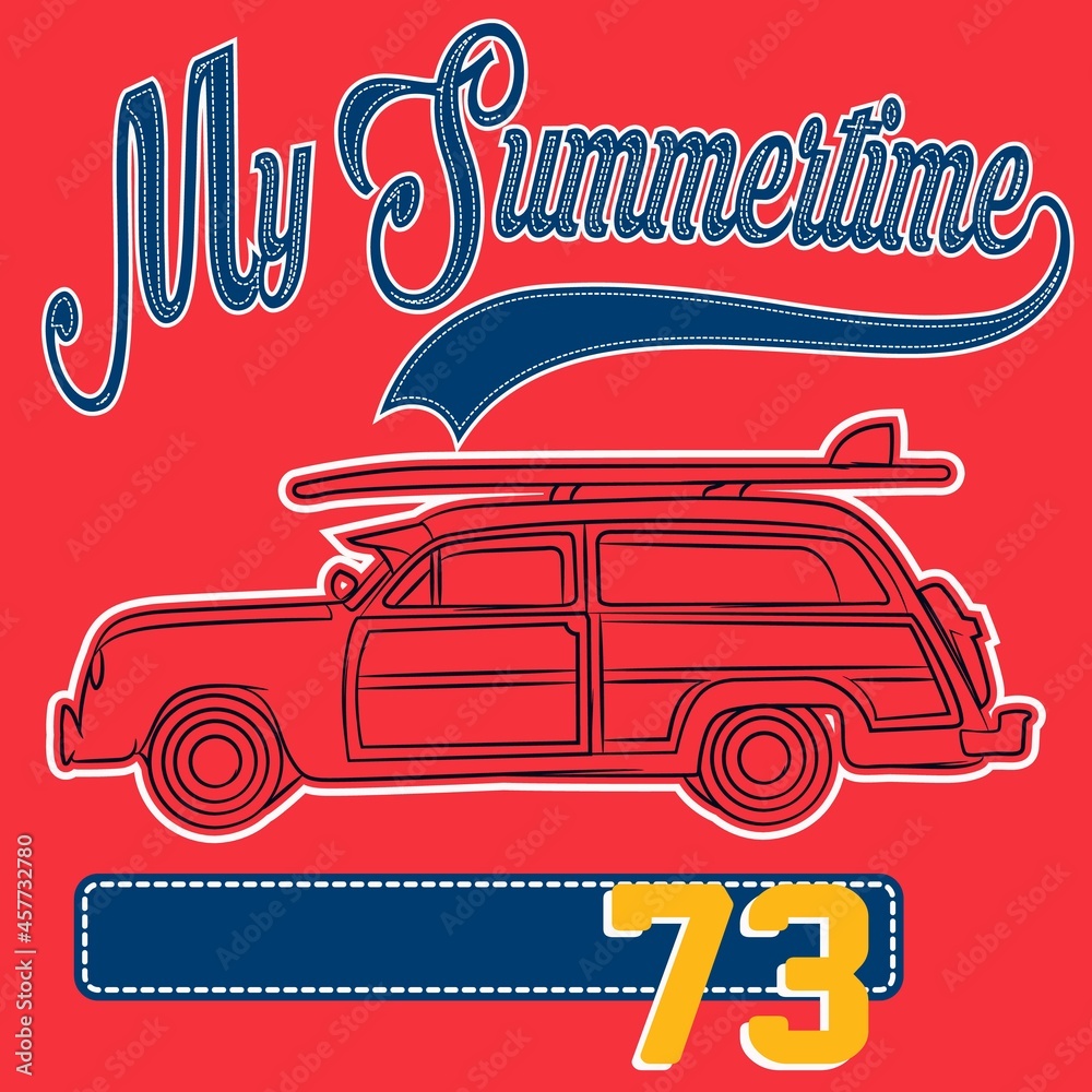illustration surf type, car with surfboards text and red background