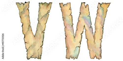 Colorful watercolor letters of the alphabet V-W for lettering, monogra . Hand-painted old burnt paper. photo