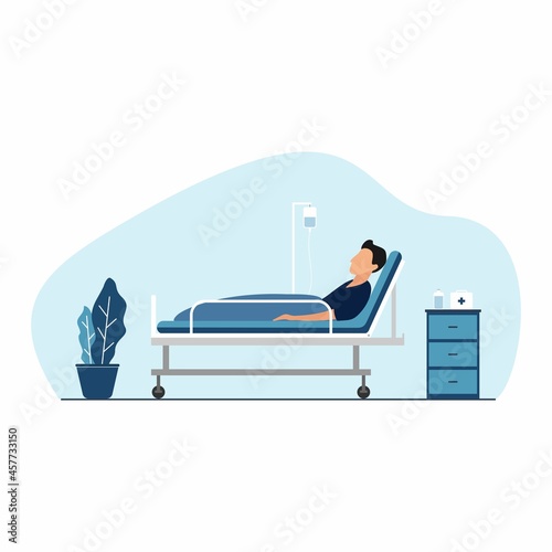 Vector Illustration of a sick male patient lying in bed.  Hospitalized man, infusion attached to the hand, healing process. Flat design style.