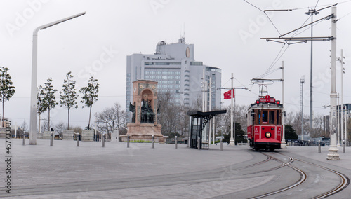 Taksim square complete lock down due to corona virus, Istiklal street closed empty streets empty roads, Taksim square red tram, Empty taksim square photo