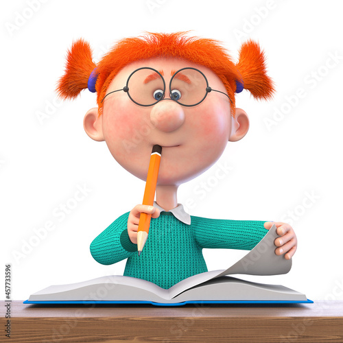 3d illustration of a little girl smiling at school in the classroom