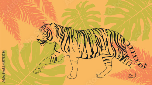Walking tiger lineart with tropic leaves